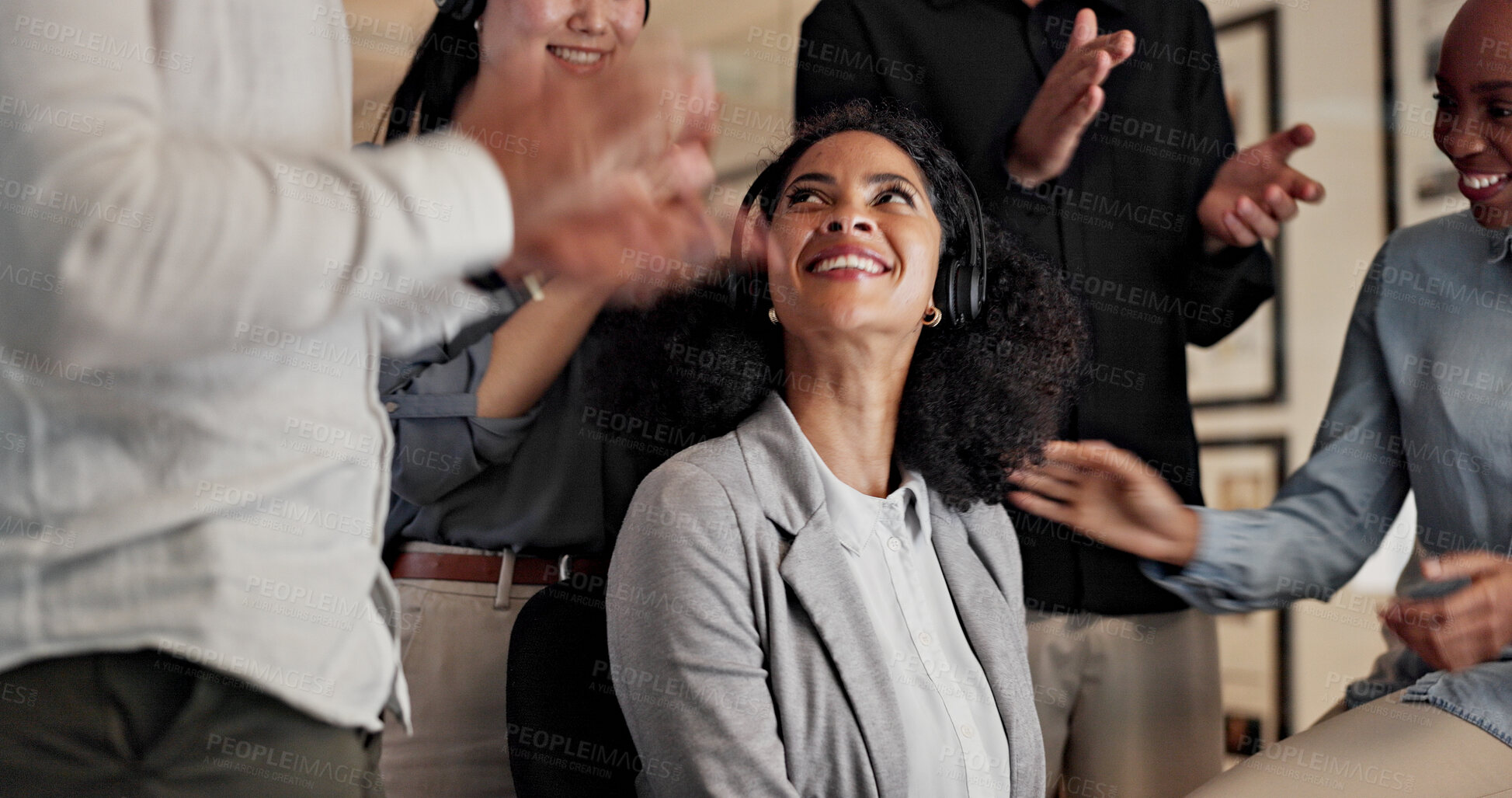 Buy stock photo Woman, headset and team with applause at call center for goals, smile or promotion at insurance company. People, group or happy for success, motivation or customer service at risk management agency