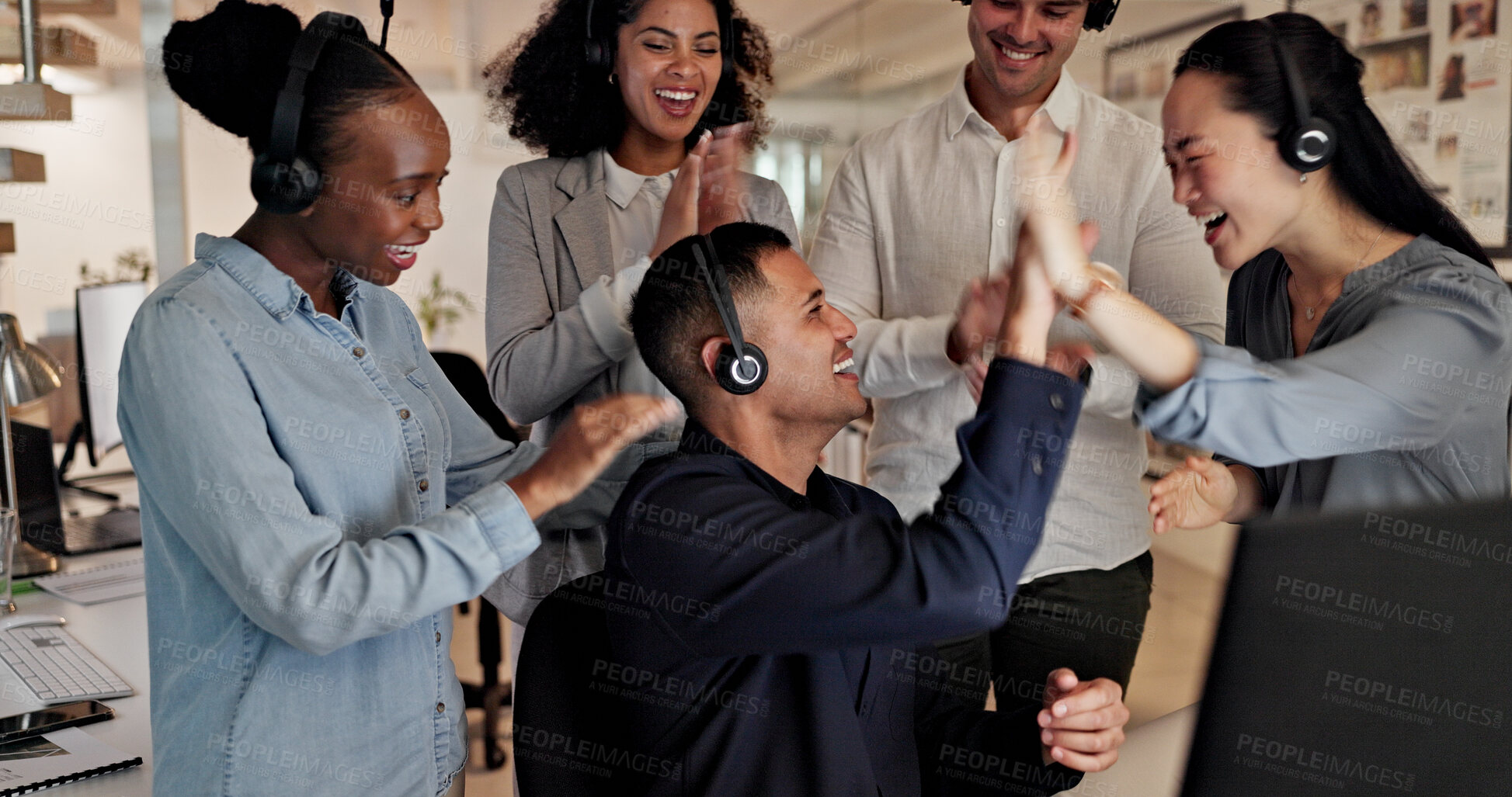 Buy stock photo Man, success and team with high five at call center for goals, smile or promotion at insurance company. People, group or happy with praise, motivation or customer service at risk management agency