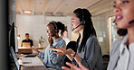 Call center, night and people on computer in office for online consulting, contact us and advice. Business, coworking and workers on pc with headset for crm service, customer support and feedback