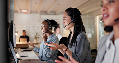 Buy stock photo Call center, night and people on computer in office for online consulting, contact us and advice. Business, coworking and workers on pc with headset for crm service, customer support and feedback