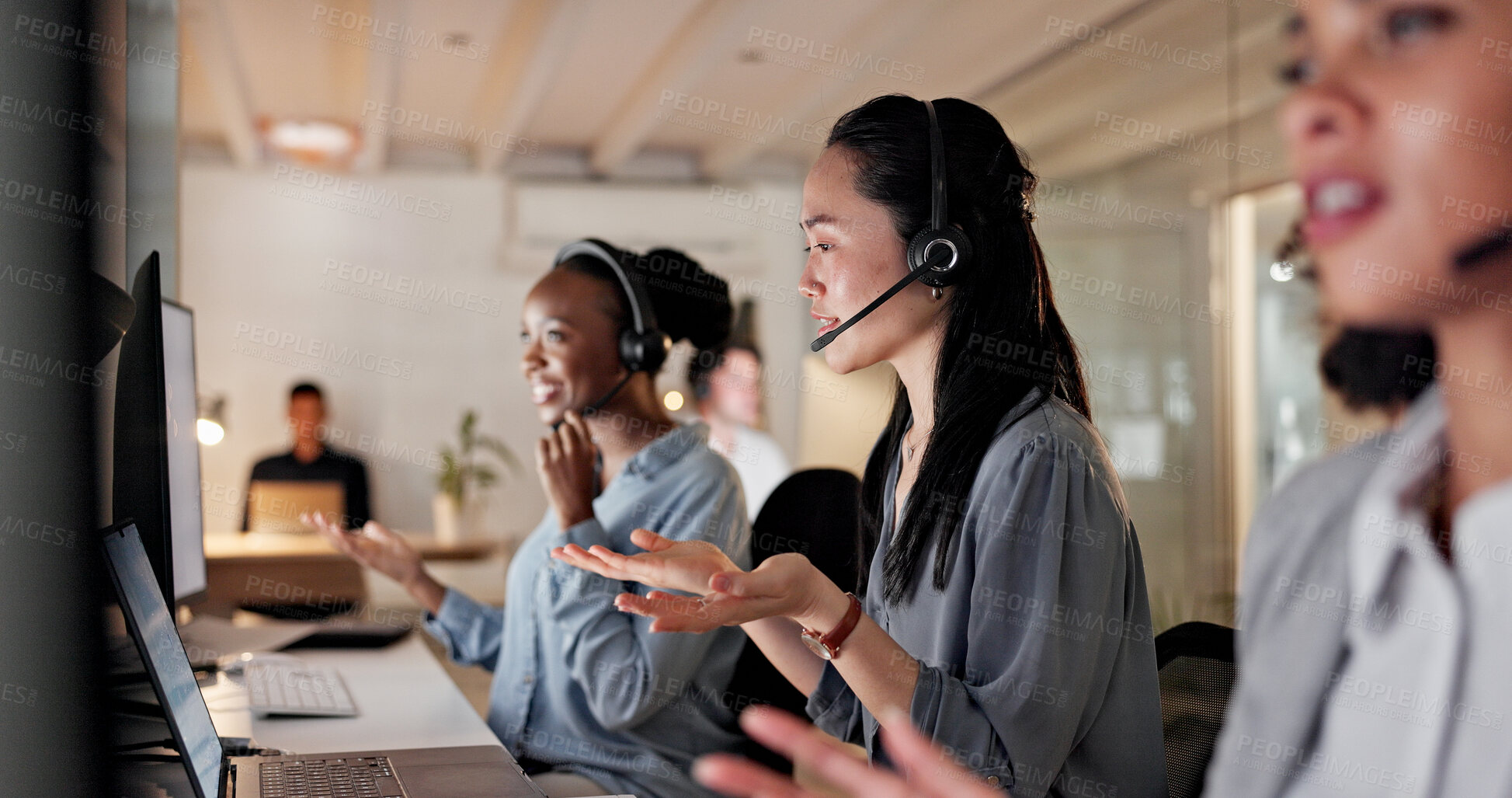 Buy stock photo Call center, night and people on computer in office for online consulting, contact us and advice. Business, coworking and workers on pc with headset for crm service, customer support and feedback