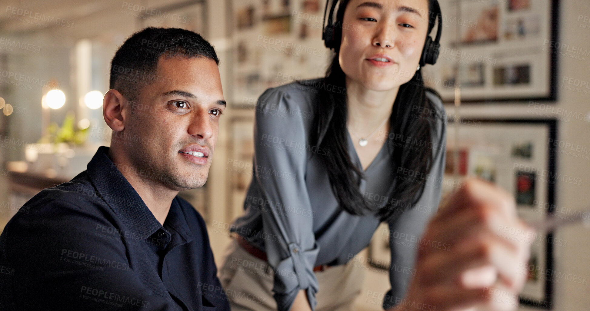 Buy stock photo Call center, training and business people on computer at night for contact us, consulting and advice. Office, manager and workers on pc with assistance for crm, customer support and help for service