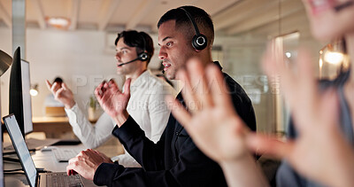 Buy stock photo Call center, night and business people on computer in office for contact us, consulting and advice. Talking, working late and workers on pc with headset for crm service, customer support and help