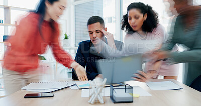 Buy stock photo Stress, overwhelmed and man in busy office with headache, note or time management crisis. Mental health, chaos and business person with document, paperwork and burnout or anxiety at creative startup