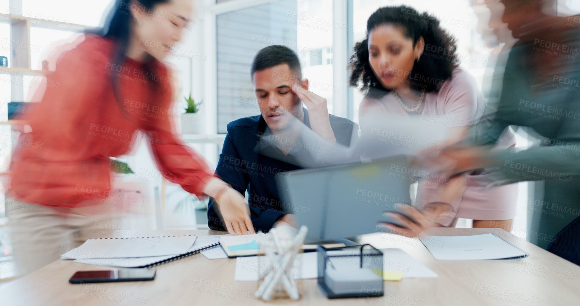Buy stock photo Stress, overwhelmed and man in busy office with headache, note or time management crisis. Mental health, chaos and business person with document, paperwork and burnout or anxiety at creative startup