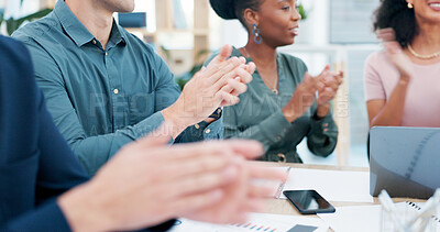 Buy stock photo Clapping hands, success and business people in celebration, meeting or teamwork together at office. Group of employees applause for team goals, achievement and company promotion or win at workplace