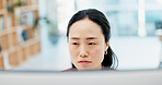 Confused, business and Asian woman on computer in office for feedback, project and online report. Corporate, professional and person on pc with doubt for proposal, research and review for planning