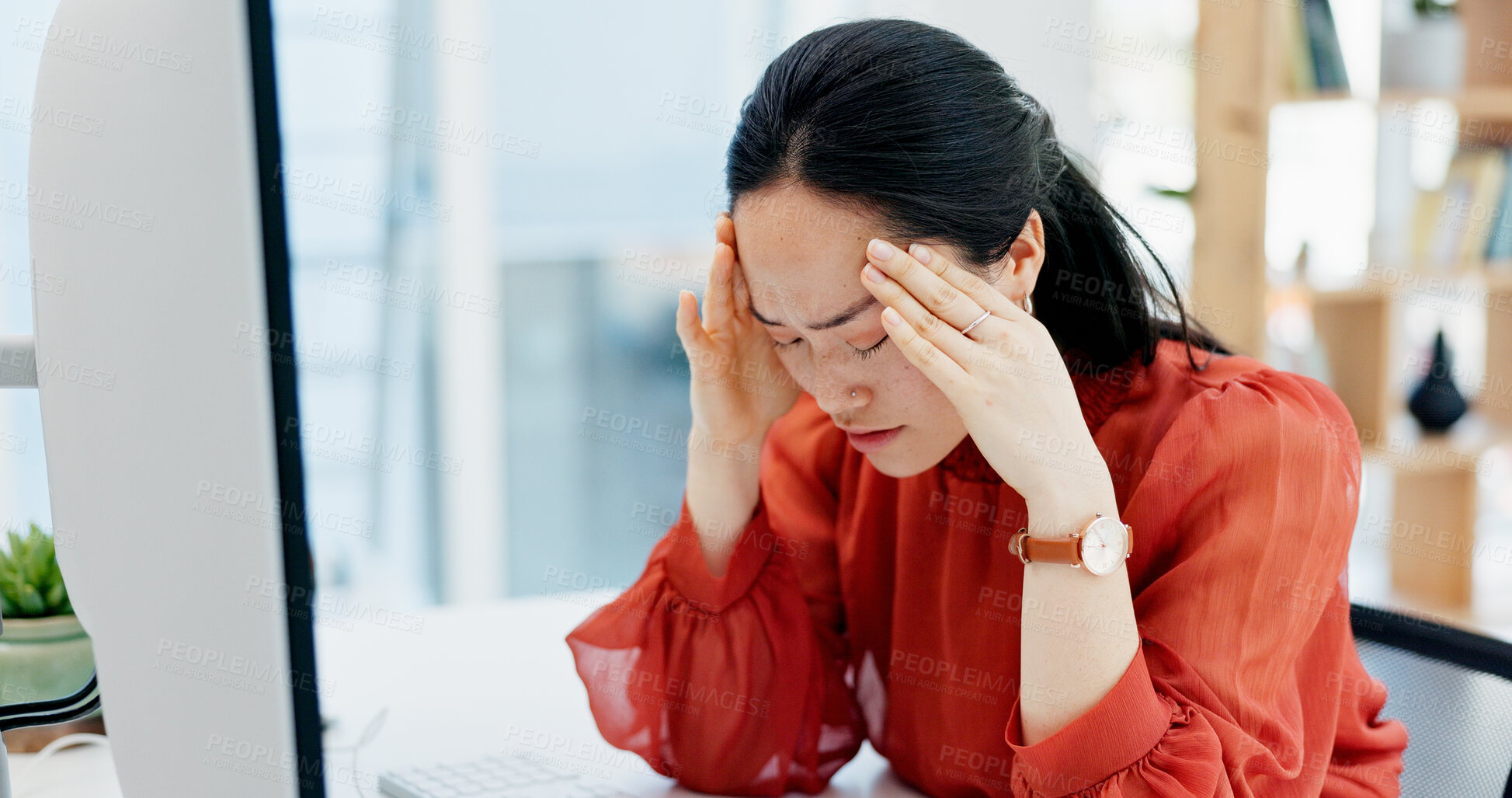 Buy stock photo Headache, computer and businesswoman in office with stress, fatigue or burnout for legal case. Tired, Asian person and female attorney with migraine for email on litigation procedure in workplace.