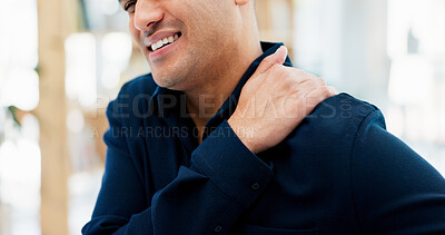 Buy stock photo Frustrated, businessman and shoulder injury with pain in office for muscle tension or fibromyalgia. Man, employee or sore spine with inflammation or discomfort for overworked strain or pressure