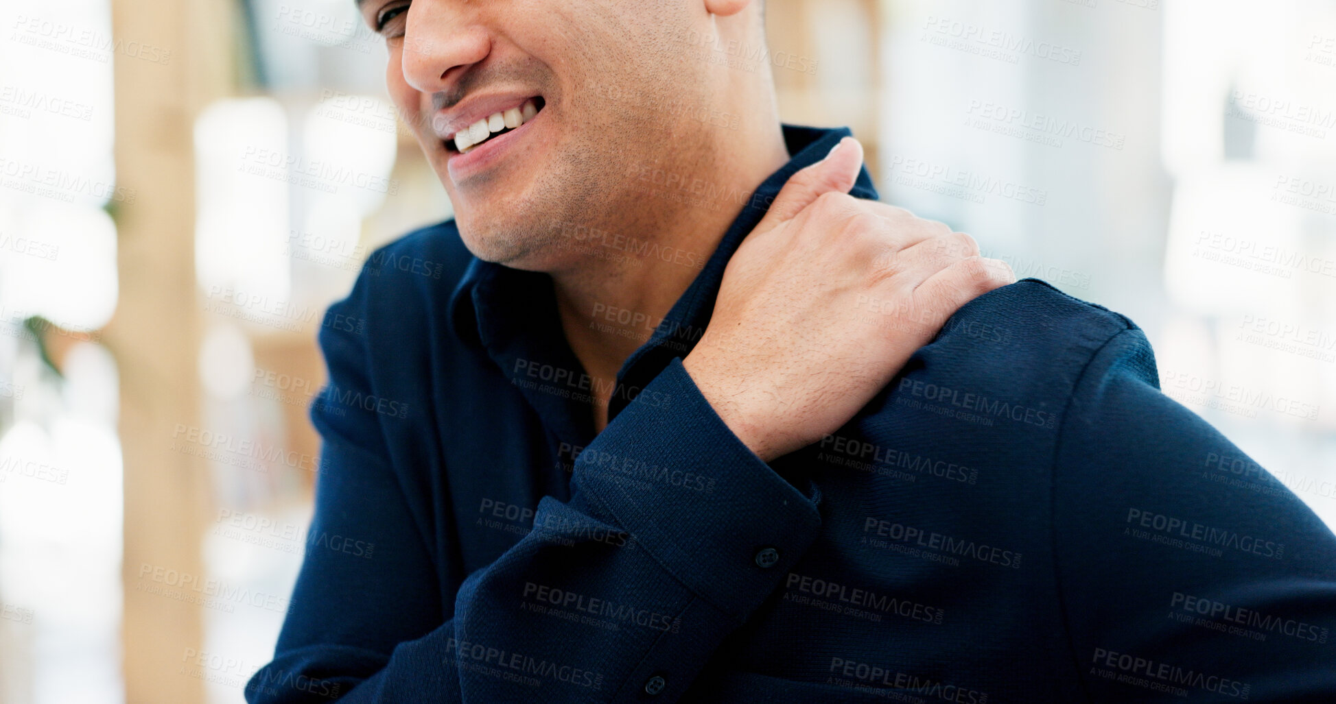 Buy stock photo Frustrated, businessman and shoulder injury with pain in office for muscle tension or fibromyalgia. Man, employee or sore spine with inflammation or discomfort for overworked strain or pressure