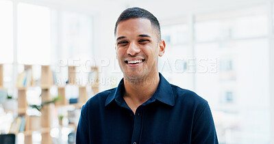Buy stock photo Happy, business and portrait of man in office for creative startup, about us and confidence. Space, professional and person in workplace with pride for marketing agency, opportunity and career growth