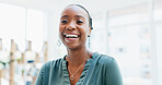 Laugh, business and portrait of black woman in office for creative startup, about us and confidence. Space, professional and person with pride for marketing agency, opportunity and career growth