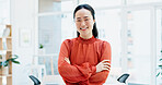 Happy, business and portrait of Asian woman with crossed arms, confidence and creative startup. Smile, professional and person in workplace with pride for marketing agency, opportunity and career