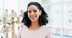 Happy, business and portrait of woman in office for creative startup, about us and advertising job. Professional, workplace and African person with pride for marketing agency, opportunity and career