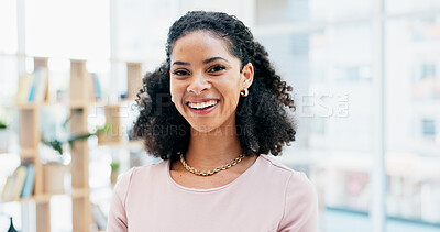 Buy stock photo Happy, business and portrait of woman in office for creative startup, about us and advertising job. Professional, workplace and African person with pride for marketing agency, opportunity and career