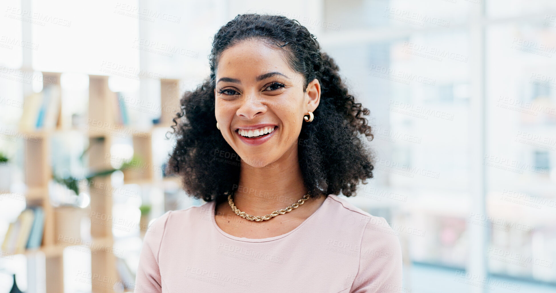 Buy stock photo Happy, business and portrait of woman in office for creative startup, about us and advertising job. Professional, workplace and African person with pride for marketing agency, opportunity and career