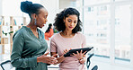 Women, research and business schedule with tablet for design, strategy or creative development. Female people, employees or colleagues with technology, app or sharing ideas for company improvement