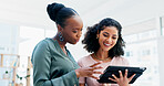 Women, research and business with tablet for design, strategy or creative development in office. Female people, employees or colleagues with technology, app or sharing ideas for company improvement