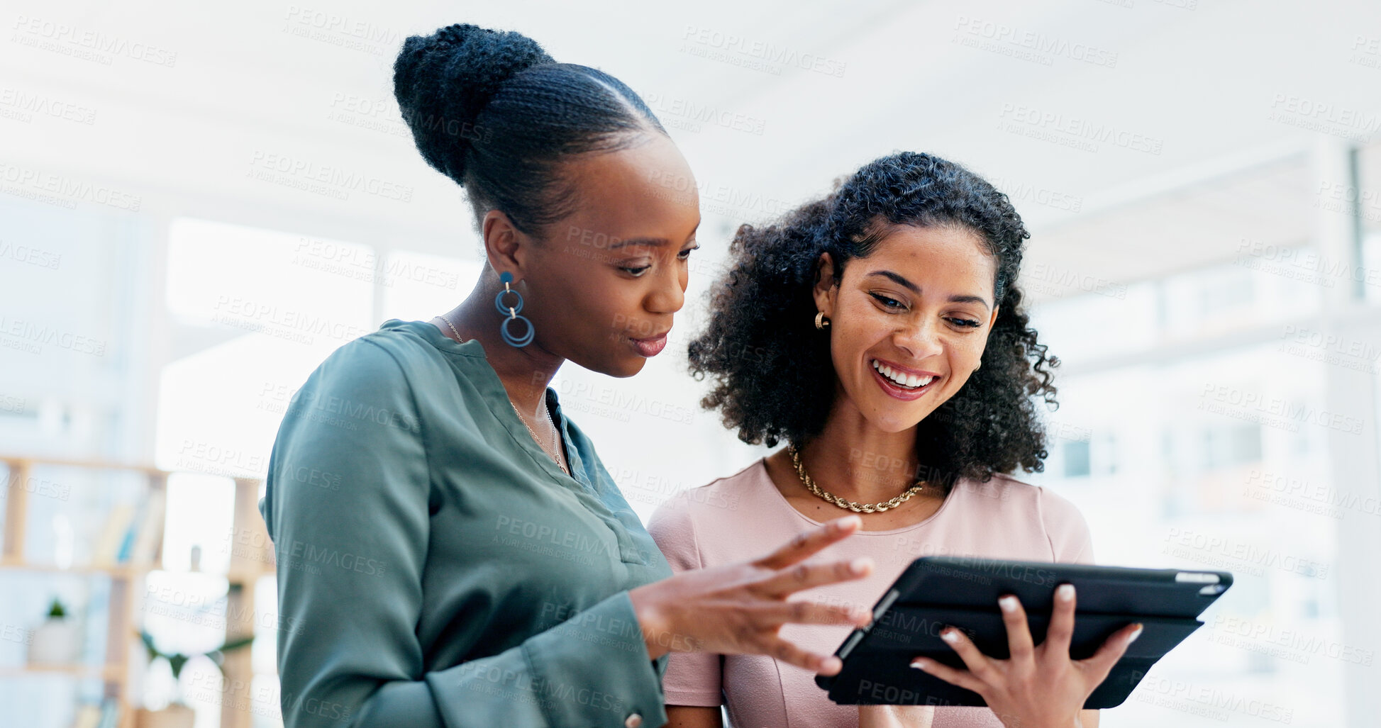 Buy stock photo Women, research and business with tablet for design, strategy or creative development in office. Female people, employees or colleagues with technology, app or sharing ideas for company improvement