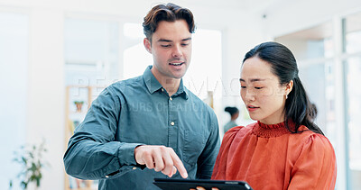 Buy stock photo Business, people and meeting with tablet in office for research, editing draft and update story. Team, talking or digital for proofreading, email source and copywriting report for article publication