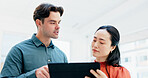 Business, people and talking with tablet in office for research, editing draft and update story. Team, meeting or digital for proofreading, email source and copywriting report for article publication