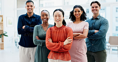 Buy stock photo Crossed arms, happy and portrait of business people in office with confidence for creative career. Smile, leadership and team of magazine editors with pride for startup about us in workplace.