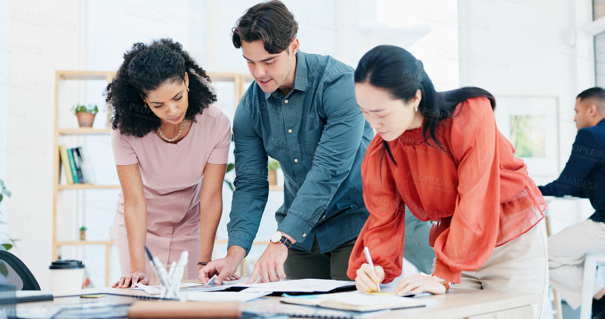 Buy stock photo Documents, meeting and discussion with team for business strategy, briefing or schedule in office. Group, employees or creative people with paperwork for project agenda, delegation or brainstorming