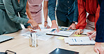 Hands, documents and meeting with team for business schedule, planning or project brainstorming. Group, employees or colleagues with paperwork for discussion, ideas or tasks together in workplace