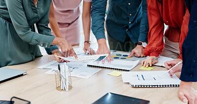 Buy stock photo Hands, documents and meeting with team for business schedule, planning or project brainstorming. Group, employees or colleagues with paperwork for discussion, ideas or tasks together in workplace