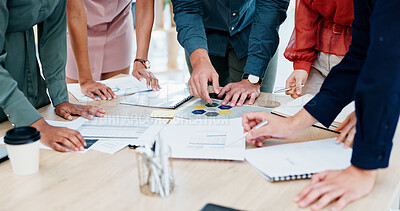 Buy stock photo Hands, documents and meeting with team for planning, business schedule or project brainstorming. People, employees or colleagues with paperwork for discussion, ideas or tasks together in workplace