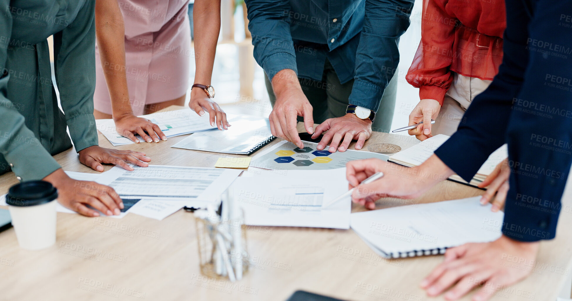 Buy stock photo Hands, documents and meeting with team for planning, business schedule or project brainstorming. People, employees or colleagues with paperwork for discussion, ideas or tasks together in workplace