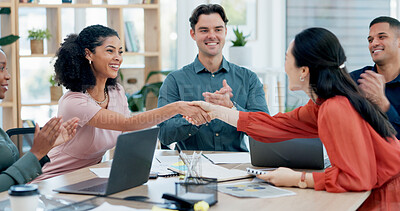 Buy stock photo Handshake, winning and business woman in celebration, meeting or teamwork together at office. Shaking hands, applause and success for team goals, achievement or company promotion at workplace