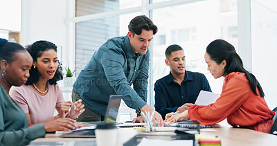 Buy stock photo Meeting, conversation and business people in office for planning, creative project and online research. Laptop, collaboration and public relations team with discussion for multimedia campaign