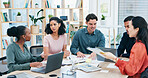 Meeting, partnership and business people in office for planning of creative project with online research. Laptop, collaboration and public relations team with discussion for multimedia campaign