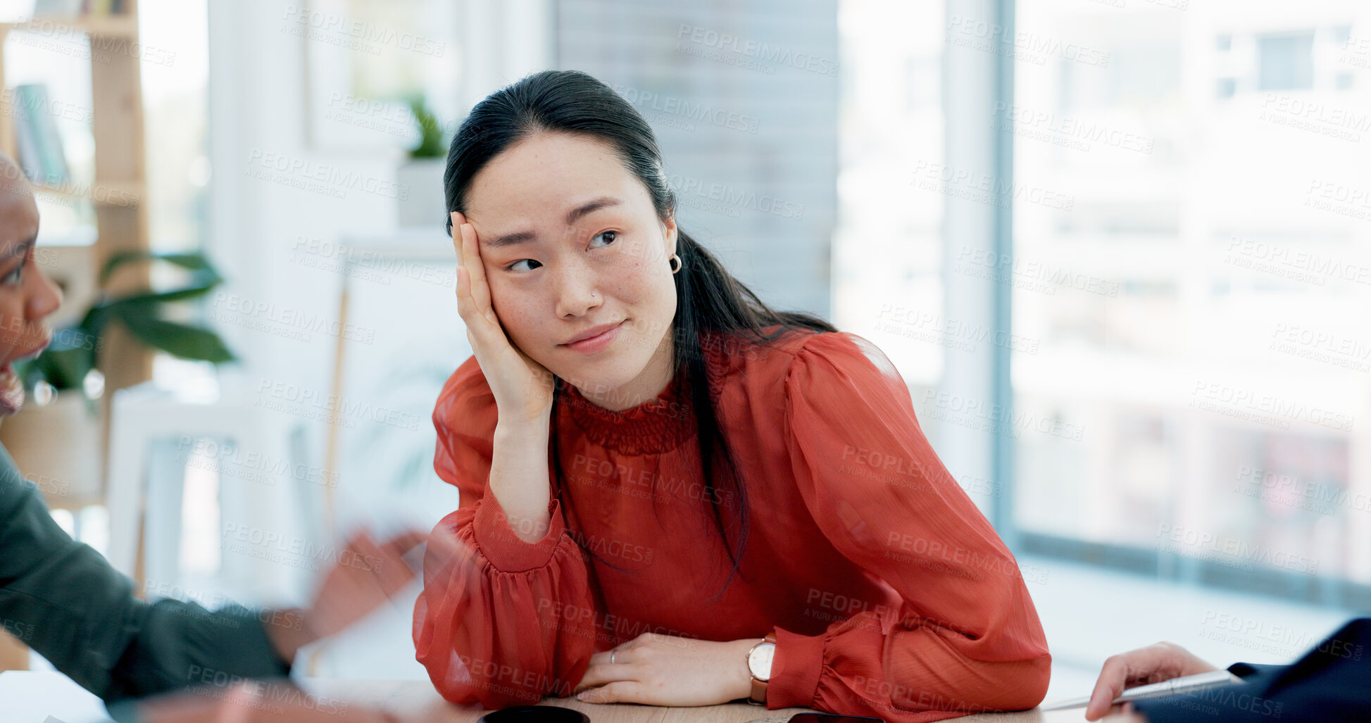 Buy stock photo Businesswoman, stress and conflict in office with meeting, financial crisis and coworkers disagreement. Person, listen and worry in workplace dispute with team argument, company debt risk or concern.