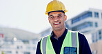 Happy, construction and portrait of man in city for building, renovation and property development. Engineering, architecture and person with pride, ppe and helmet for maintenance and urban planning