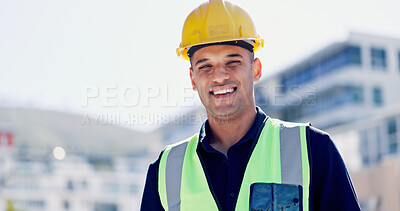 Buy stock photo Happy, construction and portrait of man in city for building, renovation and property development. Engineering, architecture and person with pride, ppe and helmet for maintenance and urban planning