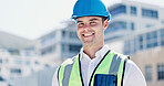 Construction, portrait and man in city for building, renovation and property development outdoor. Engineering, architecture and person with pride, ppe and helmet for maintenance and urban planning