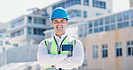 Engineer, crossed arms and portrait of man in city for building, renovation and property development. Construction, architecture and person with helmet for maintenance, project and urban planning