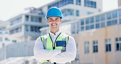 Buy stock photo Engineer, crossed arms and portrait of man in city for building, renovation and property development. Construction, architecture and person with helmet for maintenance, project and urban business
