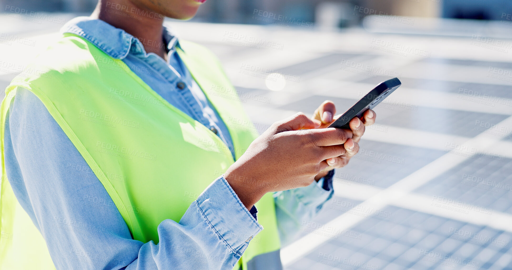 Buy stock photo Phone, woman and hands of contractor by solar panels on roof for communication on maintenance approval. Cellphone, typing and female sustainability manager by photovoltaic cells for repair inspection