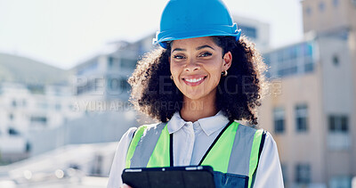 Buy stock photo Tablet, construction and portrait of woman in city for building, renovation or property development. Engineer, architecture and person with tech, ppe and helmet for urban business and online project