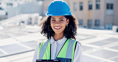 Buy stock photo Happy, woman and portrait of contractor by solar panels on rooftop with confidence for sustainable career. Smile, professional and environmental manager by photovoltaic cells with pride for about us.
