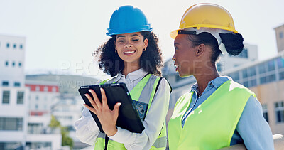 Buy stock photo Construction, meeting and women on tablet in city for building, renovation or property development. Engineering, architecture and people on tech for urban planning, online blueprint and research