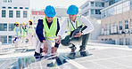 Engineer, men and tablet outdoor with solar panel inspection, point and talk for renewable energy. Technician, people and photovoltaic system on rooftop with tech, PPE or teamwork for maintenance job