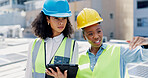 Women, engineer and tablet for solar panel on roof with discussion, checklist or inspection in city. People, technician and architect with tech, app and team for sustainability with renewable energy