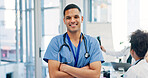 Meeting, nurse and portrait of man in hospital for medical support, health service and teamwork. Healthcare, clinic and person with confidence, pride and about us for career, job and surgery schedule