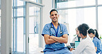Crossed arms, nurse and portrait of man in hospital for medical support, health service and meeting. Healthcare, clinic and person with confidence, team and about us for career, job and opportunity