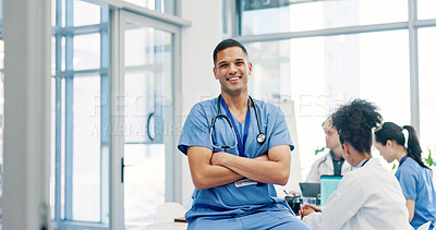 Buy stock photo Crossed arms, nurse and portrait of man in hospital for medical support, health service and meeting. Healthcare, clinic and person with confidence, team and about us for career, job and opportunity