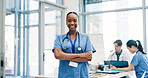 Crossed arms, meeting and portrait of nurse in hospital for medical support, health service and teamwork. Healthcare, clinic and happy woman with doctors for planning, surgery schedule and discussion